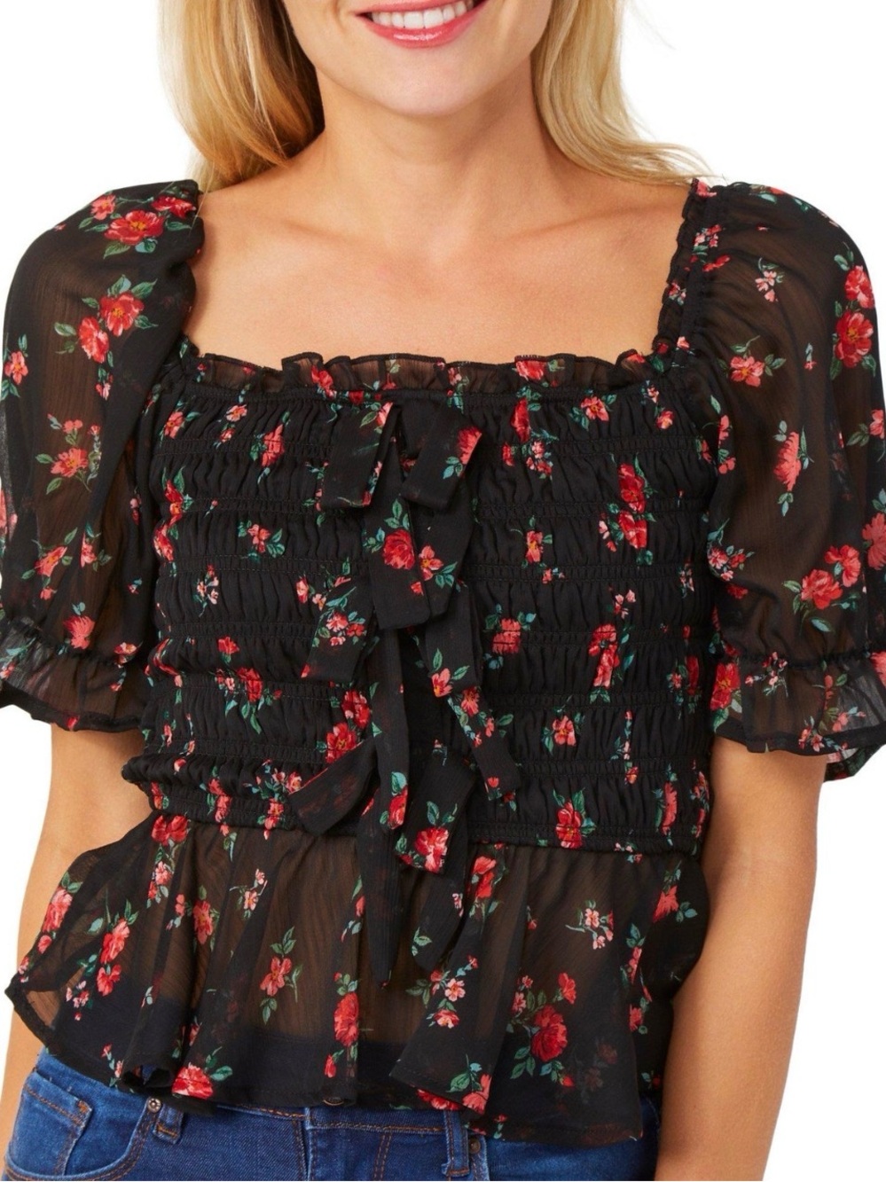 Trixxi Juniors Short Sleeve Floral Chiffon Top
